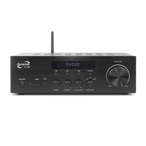 Dynavox VT-90 stereovahvistin, jossa Phono-tulo ja Bluetooth, musta.
