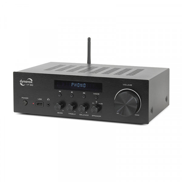 Dynavox VT-90 stereovahvistin, jossa Phono-tulo ja Bluetooth, musta.